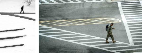  A person wearing a military uniform walks through a crosswalk on a college campus, left, and, at right, a person walks on a cleared sidewalk through a snowy campus. 